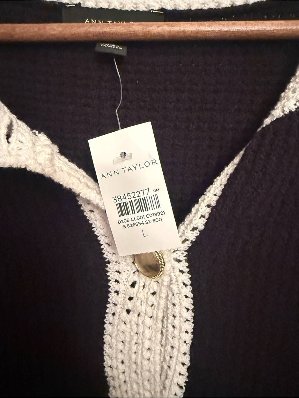 New Ann Taylor Black Cardigan with White Crochet Trim and Gold Button large $169 - Picture 2 of 6